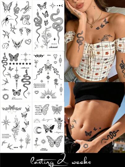 CAT QUEEN ART 6pcs/1pc Semi Permanent Tattoo Stickers, Natural Plant Ingredients Y2K Elements Butterfly Spirit Snake Swallow Flower Star And Moon Patterns Temporary Fake Tattoo Stickers, Suitable For DIY Carnival, Valentine's Day, Party Gifts For Wrists, Ankles, Shoulders, Necks, Collarbones, Body Decoration For 1-2 Weeks, Non Fading, Non Reflective, Waterproof, Realistic Tattoo Stickers