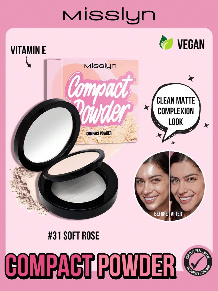 MISSLYN 1pc Compact Powder,Oil-Control Pressed Setting Powder,Matte Poreless High Coverage Lightweight Long-Lasting Face Powder,Matte Finish Makeup For Daily Wear,Travel, Party & Y2K,Birthday & Valentine's Gift,Vegan & Cruelty-Free