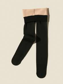 半双装女童保暖内衬连裤袜，休闲保暖不透明长筒袜，舒适柔软秋冬季打底裤，适合生日派对、节日礼物、户外滑雪、休闲活动等场合，多种组合可选 - 黑色 - 查看 2