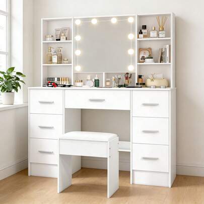 Large Vanity Desk With Light Mirror, Makeup Vanity Dressing Table With 7 Drawers, 8 Open Shelves Storage, Bedroom Vanity Table, Christmas Gift For Women (White)