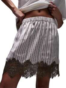 Women's Fashion Mini Skirts Stripe Lace Patchwork Elastic Waist Short Skirts Summer Casual Skirts - Ngà voi - Xem 1
