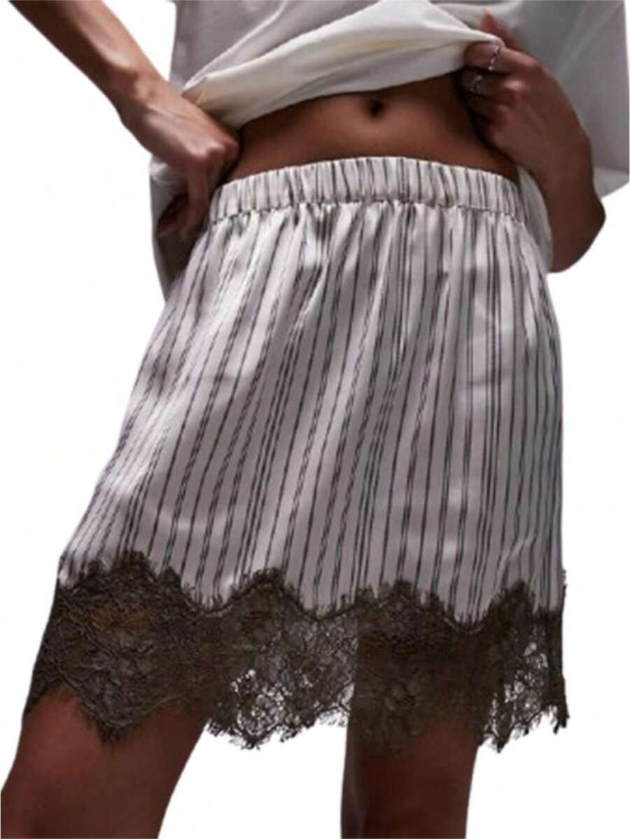 Women's Fashion Mini Skirts Stripe Lace Patchwork Elastic Waist Short Skirts Summer Casual Skirts - Ngà voi - Xem 1