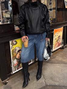 New Vintage Bomber Leather Jacket, Solid Color Casual Zip Pocket Jacket, Regular Fit - Black - View 5