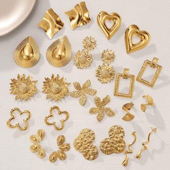 5 คู่ ต่างหูแบบกระดุมแฟชั่นยุโรปและอเมริกาผสมผสาน ลายหัวใจโลหะ, ดอกทานตะวัน, อสมมาตร 3 มิติ ผิวเรียบ ย่น สำหรับผู้หญิง, ต่างหูดีไซน์หรูหรา มินิมอล ส่วนบุคคลระดับไฮเอนด์, ฤดูหนาว 2025