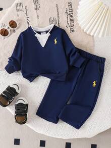 2 件套女婴休闲纯色拼布圆领长袖上衣（带口袋）和裤子套装，春秋 - 寶藍色 - 查看 1