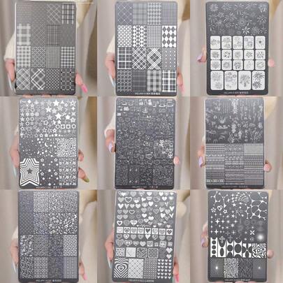 XEIJAYI 1块美甲图案打印板，30种图案，包括棋盘格和几何美甲模板，金属材质，适合专业美甲师和DIY美甲设计工具