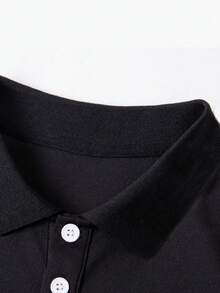 Set de 2 piezas de camisa polo de manga corta y pantalones cortos de moda casual para hombre de talla grande, adecuado para vacaciones, exteriores, ropa urbana y uso diario - Negro - Ver 3