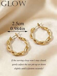 1 Pair Lightweight Metallic Gold Geometric Braided Stud Earrings, Minimalist Chic Design, Suitable For Young Girl Everyday And Festive Wear - Gold - View 6