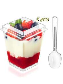 20/10/5 Pcs Minimalist Versatile Transparent Square 5oz Dessert Cups With Lids Plastic Material Reusable Leak-Proof Dust-Proof Family Gathering/Picnic Sharing/Afternoon Tea Dessert/Cafe Commercial Use High-Looking Portable Pudding Ice Cream Cups Valentine's Day Mother's Day Father's Day Graduation Season Tableware - Multicolor - View 12