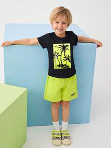 2pcs/Set Young Boy Coconut Tree Pattern T-Shirt And Drawstring Waist Shorts Casual Outfit - Black - View 6
