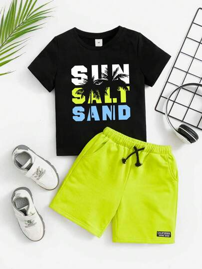 2pcs/Set Young Boy Coconut Tree Pattern T-Shirt And Drawstring Waist Shorts Casual Outfit