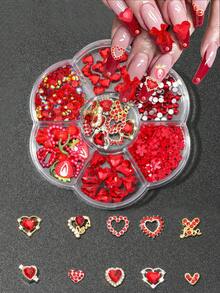 1 Box Mixed Resin Bow, Strawberry, Cherry, Rhinestone Alloy Heart & Cherry Nail Art Decorations, Multi-Functional DIY Nail Supplies Nail Jewelry Nails - Red - View 2