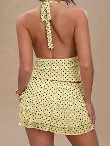 Women Two Piece Skirts Set Halter Neck Sleeveless Backless Tank Crop Top+ Ruffle Tiered Mini Skirts Outfits Clubwear - Màu vàng - Xem 3