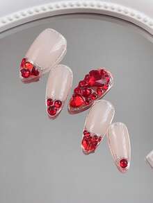 10pcs High-End Red Series, Handmade Diamond-Studded Almond-Shaped False Nails, Luxurious Sparkling Red Nail Stickers, Suitable For Valentine's Day, New Year, Red Nails, Y2K Nails, DIY Nail Art Supplies, Acrylic Press-On Nails, Red Nail Gems, Press-On Nails, Suitable For Women And Girls To DIY For Daily, Work, Study And Party - Red - View 6