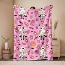 1 Piece Soft Flannel Blanket - Cute Ghost, Pumpkin, Bat, And Floral Patterns In Pink, Purple, Orange, White - All-Season Comfort Blanket Suitable Halloween,, Home, Office, Camping - Lightweight And Warm Bed Sheet, Sofa Cover, Decorative Bedding - Easy To Clean, Washable