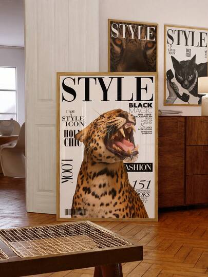 1pc Frameless Leopard Print Fashion Poster, Bold Maximalist Animal Print Wall Art, Vintage Roaring Leopard Magazine Style Decor For Bedroom Office Dorm Apartment | Room Decor Bedroom, Decoration, Prints For Wall