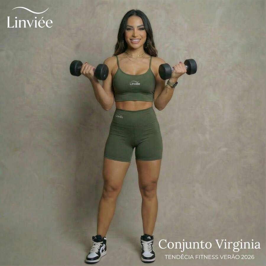 High-Waisted Mid-Thigh Shorts + Lined Top In UV 50+ Supplex Fabric For Women's Fitness And Gym Set. - xanh quân đội - Xem 1