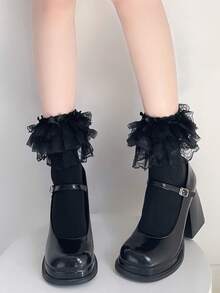 1双女士洛丽塔风格蕾丝边黑色蝴蝶结中筒袜 - 黑色 - 查看 4