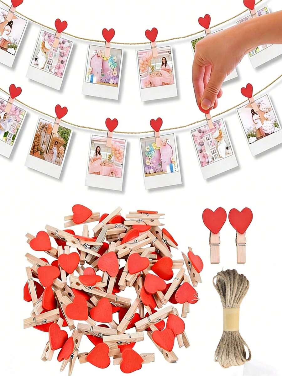 1 bộ kẹp hình trái tim bằng gỗ kèm dây, dùng để đựng ảnh và bưu thiếp mini, ghim cài hình trái tim, thích hợp cho đám cưới, tiệc tùng, trang trí phông nền nhà cửa và trang trí tường ảnh.