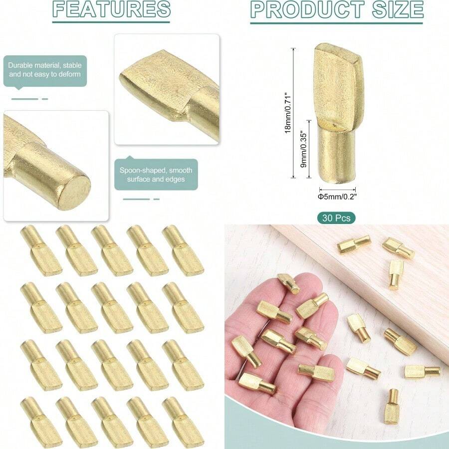Uxcell 30Pcs Shelf Support Pegs 5mm Spoon Shape Shelf Support Pins Metal Support Pegs Holder For Kitchen Cabinet Bookcase Gold - Gold - View 1