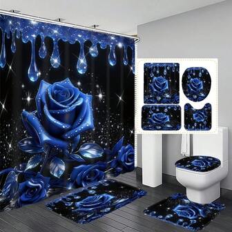 ชุดม่านอาบน้ำลายดอกกุหลาบสีน้ำเงิน 1/4 ชิ้น, ประกอบด้วยแผ่นรองอาบน้ำกันลื่น, ฝาปิดชักโครก และพรม, ผ้าโพลีเอสเตอร์กันน้ำขนาด 70.87x70.87 นิ้ว, มาพร้อมตะขอ 12 ชิ้น, ของตกแต่งห้องน้ำซักเครื่องได้