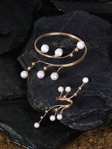 Opalesca 1 set Parure de bracelet et bague bijoutée à motif géométrique creux élégant et à la mode, convient pour le port en vacances, en soirée, cadeau - Doré - Voir 3