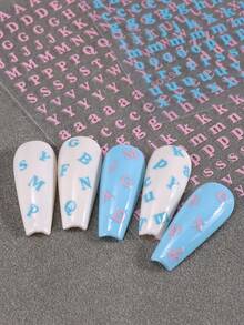 6片字母美甲贴纸，英文字母美甲贴花，3D自粘金属金色、银色、黑色、白色、蓝色、粉色、玫瑰金美甲贴纸，字母美甲用品，适合女性和女孩DIY美甲装饰美甲配件 - 彩色 - 查看 9