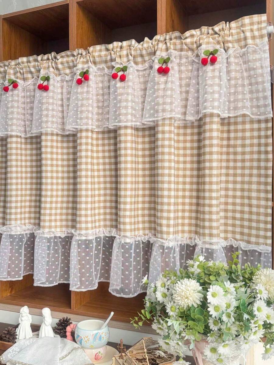 1pc Elegant Farmhouse Style Plaid Pattern Linen Short Curtain, Decorated With White Lace Ruffle And Red Cherry Pattern, Coffee Curtain Valance, Suitable For Kitchen And Bathroom Windows, Rod Pocket Top - Beige - View 1