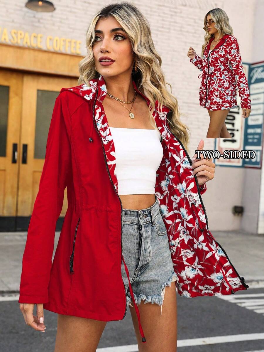 Áo khoác nữ Giolshon màu kem có mũ hai mặt - Thiết kế in hai mặt, phong cách thường ngày và thời trang, phù hợp để mặc nhiều lớp hàng ngày, mùa thu/đông/xuân. - Đỏ - Xem 1