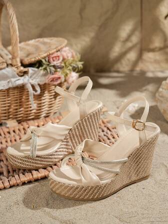 Women's Beige Elegant Crystal Embellished Fashionable Versatile Roman Sandals, Casual Outdoor Beach Resort Vintage Woven Wedge Heel French Minimalist European And British Style Platform Sandals