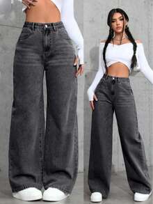 Quần jeans nữ ống rộng cạp cao dáng suông có túi - Màu xám đen - Xem 2