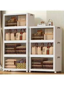 2/3/4/5layers Plastic Storage Bins With Lids Wide Extra Large Storage Cabinet, Collapsible Stackable Containers With Wheels, Foldable Organizer System For Closet, Bathroom, Home, Office, Dorm - 白色 - 查看 8