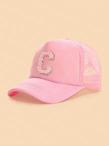 1pc Gold Trim Pink Towel Letter 26 Alphabet Children Baseball Cap, Fashionable Versatile Breathable Trucker Hat, Suitable For Girls Back To School Season Daily Outings Sun Protection - Pink - View 13