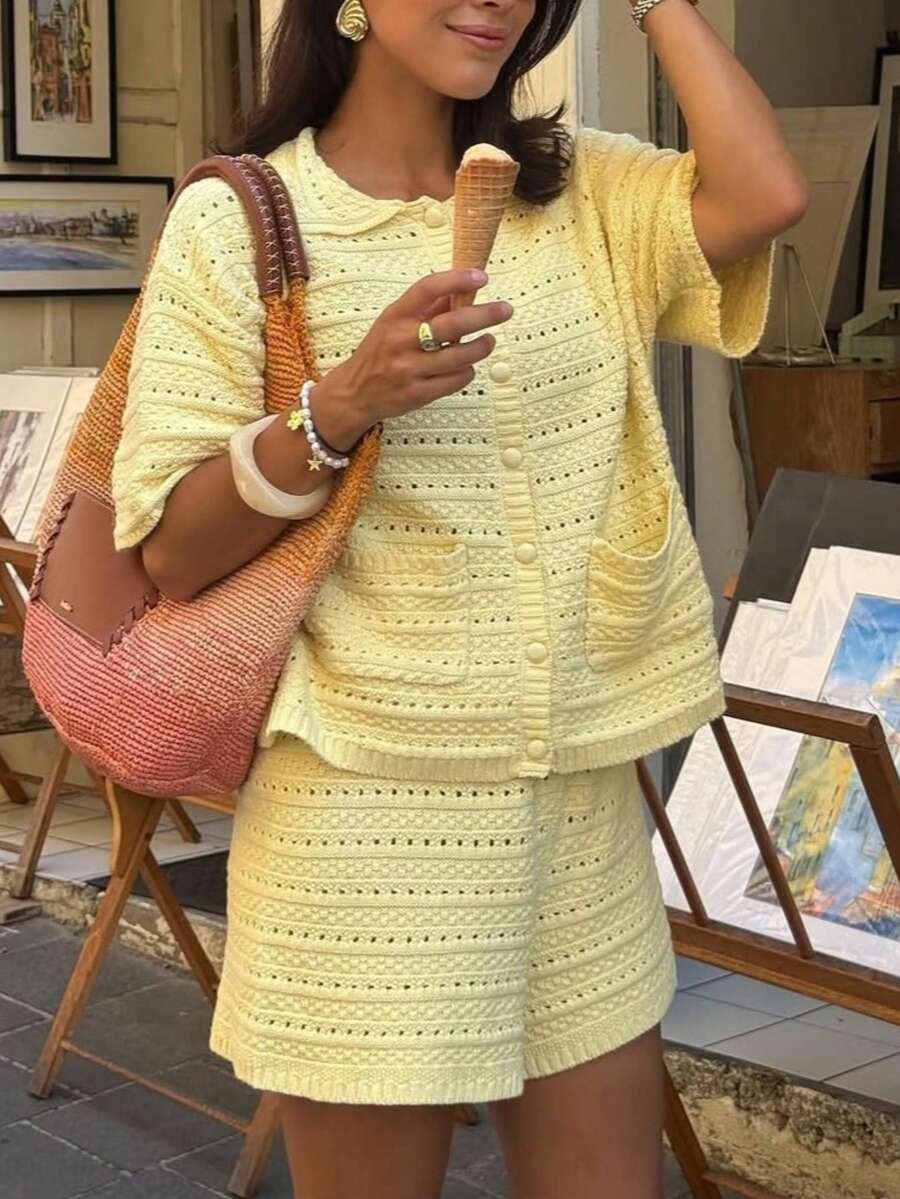 2件組女款休閒套裝,短袖純色鈕扣針織開襟衫,寬鬆可愛夏季海灘度假兩件套,優雅黃色秋季 - 黃色 - 查看 1