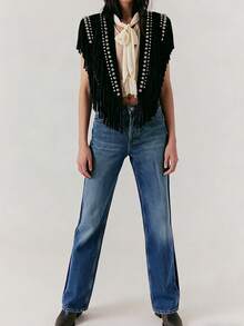 Women Vintage Western Fringe Vest Shawl Cowboy Cowgirl Clothes 70s Hippie Vest Tassel Country Concert Fringe Tops Shirts - màu đen - Xem 5