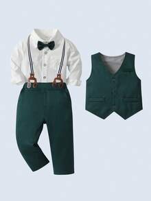 BOARNSEORL 3 件套男婴绅士服装套装：长袖白衬衫配领结、绿色背心和裤子，适合圣诞节、生日派对、婚礼、洗礼、1 岁生日