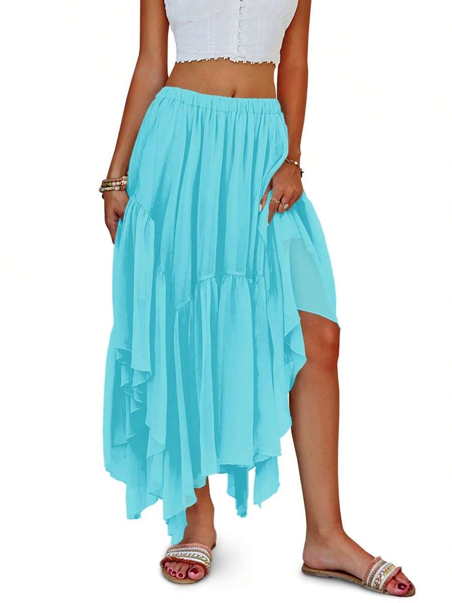 Womens Summer Boho Maxi Skirt Casual Asymmetric High-Low Hem Flowy Bohemia Long Skirt - Màu xanh lam - Xem 1