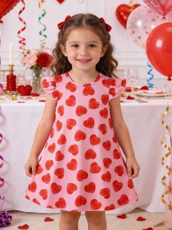 Vestido de estilo heredera con estampado de corazón de cuello redondo y manga abullonada, en un estilo colegial casual de dopamina, adecuado para uso al aire libre, vuelta al colegio, ir al trabajo, reuniones sociales, San Valentín, primavera/verano