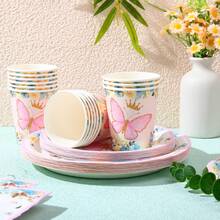 Butterfly Crown Disposable Tableware Set, Including 7/9 Inch Paper Plates, Paper Cups, Paper Napkins, Suitable For Birthday Parties, Festivals, Gatherings, Picnics, Celebration Events, Wedding Tea Parties, Graduation Ceremonies - Multicolor - View 3