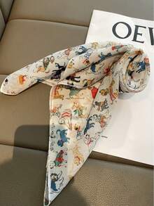 卡通小狗印花小方巾，百搭时尚围脖/头巾，女士适用 - 米色 - 查看 3