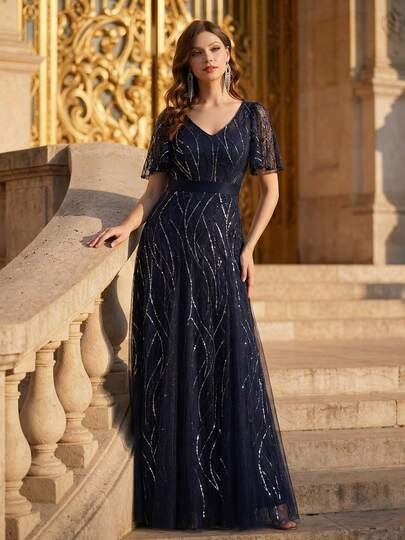 EVERPRETTY Spring Elegant Glitter Dress Navy Blue Sequin Dress For Wedding Guest Formal Dress New Year Valentine Outfits For Women