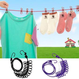 1pc Portable Clothesline Camping Trip Retractable Clothesline Non Perforated Clotheslines With 12pcs Clips For Outdoor Indoor Use