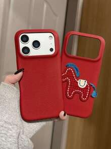 Chinese New Year Red Embroidered Little Red Horse Pattern Leather Protective Case Compatible With IPhone 17 16e 16 15 14 13 12 11 Pro Max Mini Air XR XS X 7 8 Plus - Red - View 4