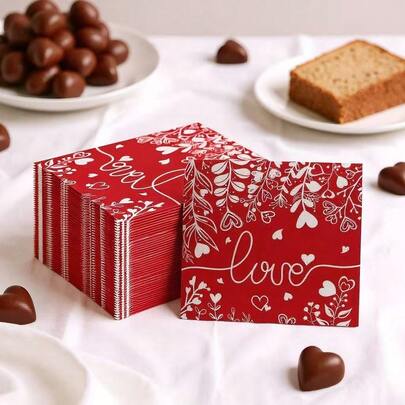 20/40/60pcs Pack, Valentine's Day Red Elegant Heart Napkins, Heart & Floral Print Disposable Party Napkins, Valentine's Day Party Decor, Romantic Date Night, Wedding & Anniversary Decor
