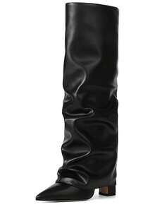 Women Shark Boots Knee High Fold Over Ruched Slouchy Chunky High Heel Pointed Toe Sexy Party Club Office Lady Winter Shoes - 黑色PU - 查看 2