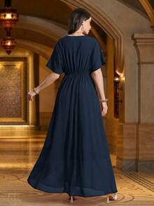 Vestido maxi árabe de manga raglán con cuello en V, cintura alta, unicolor y bordado de lujo - Azul Marino - Ver 3