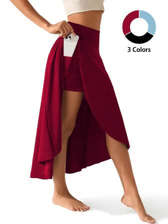 女士高腰运动裙，内置短裤口袋 - 不透光弹力运动短裙，无需腰带，适合瑜伽、跑步、舞蹈、健身等 - 四季皆宜的运动服，黑色/纯色，舞蹈服，易护理面料