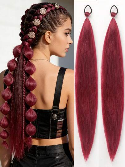 1-2pcs 26 Inch Burgundy DIY Braiding Hair Extensions | Women's Synthetic Yaki Straight Heat Resistant Fluffy Ponytail | Suitable For Halloween, Christmas, Holiday Parties
