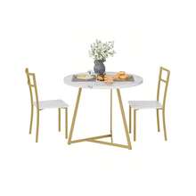 Conjunto de mesa de comedor para 2, Conjunto de mesa de cocina redonda moderna, Conjunto de mesa de comedor de 3 piezas, Mesa compacta de marco de acero resistente para espacios pequeños, oro y blanco - Dorado - Ver 1