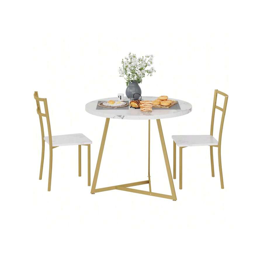 Conjunto de mesa de comedor para 2, Conjunto de mesa de cocina redonda moderna, Conjunto de mesa de comedor de 3 piezas, Mesa compacta de marco de acero resistente para espacios pequeños, oro y blanco - Dorado - Ver 1